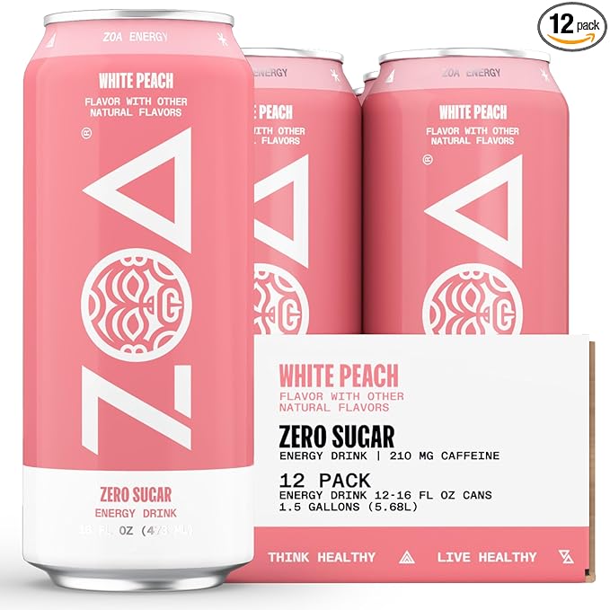 ZOA Zero Sugar Energy Drinks, White Peach - Sugar Free with Electrolytes, Healthy Vitamin C, Amino