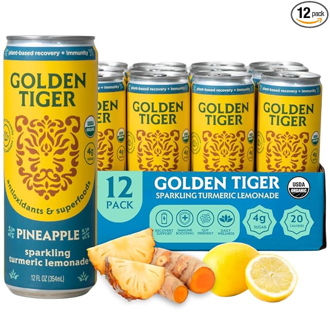 Golden Tiger Turmeric Sparkling Lemonade, Pineapple 12-Pack ??Curcumin & Ginger for Inflammation