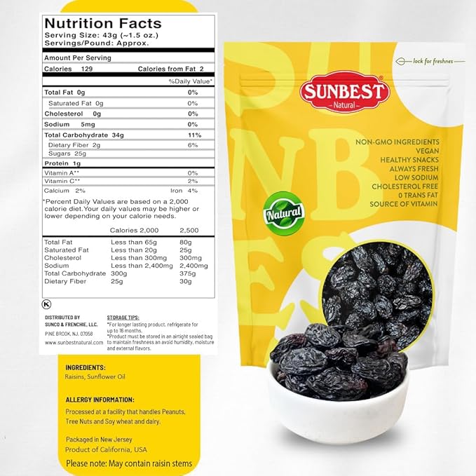 Sunbest Natural Jumbo Black Raisins ??3 lb Bulk Bag (48 oz) ??Plump, Juicy & Seedless Dried Raisins