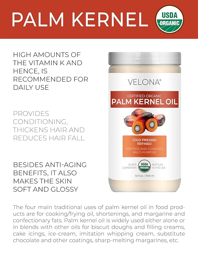 velona USDA Certified Organic Palm Kernel Oil - 32 Fl Oz | 100% Pure and Natural Carrier Oil |