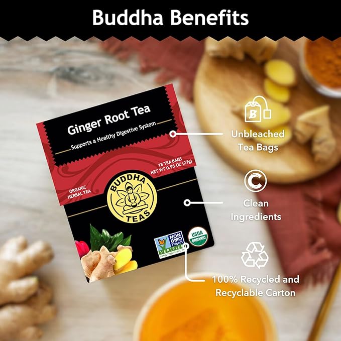 Buddha Teas - Organic Ginger Root Tea - Herbal Tea - For Health & Wellbeing - With Antioxidants &