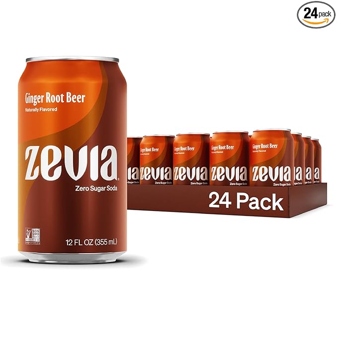 Zevia Zero Sugar Soda, Ginger Root Beer, 12 oz Cans (24-Pack) ??Naturally Sweetened, Zero Calorie