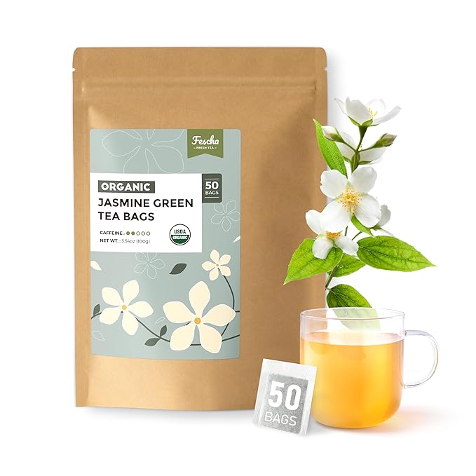 Fescha Organic Jasmine Green Tea Bags, Flower-scented Tea (50-count), Eco-Conscious Tea Bags