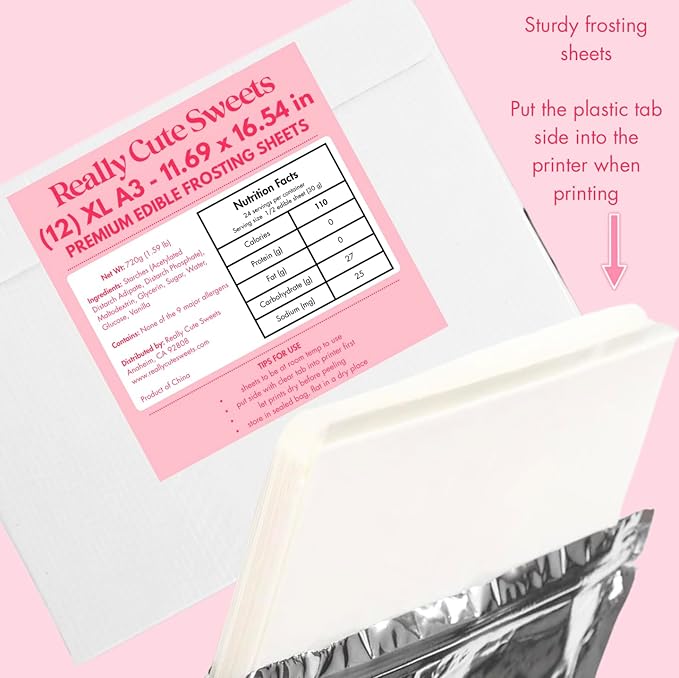 A3 XL Edible Frosting Sheets for Wide Format Edible Printers by Really Cute Sweets - 12-Pack