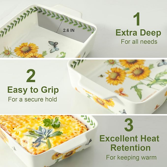 Ceramic Baking Casserole Dish with Handles, Large 8x13 inch & 6x10 inch Pan and Middle Baking Pan