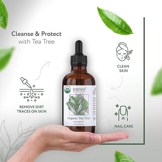 HBNO California Bottled Organic Tea Tree Oil for Skin & Hair - 4 fl oz (120ml) - USDA Certified