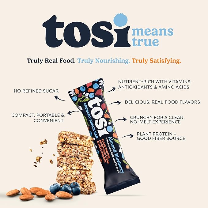 Tosi Almond Blueberry Protein Bars, Plant Based with Nuts, Gluten-Free Crunchy Snacks, Vegan