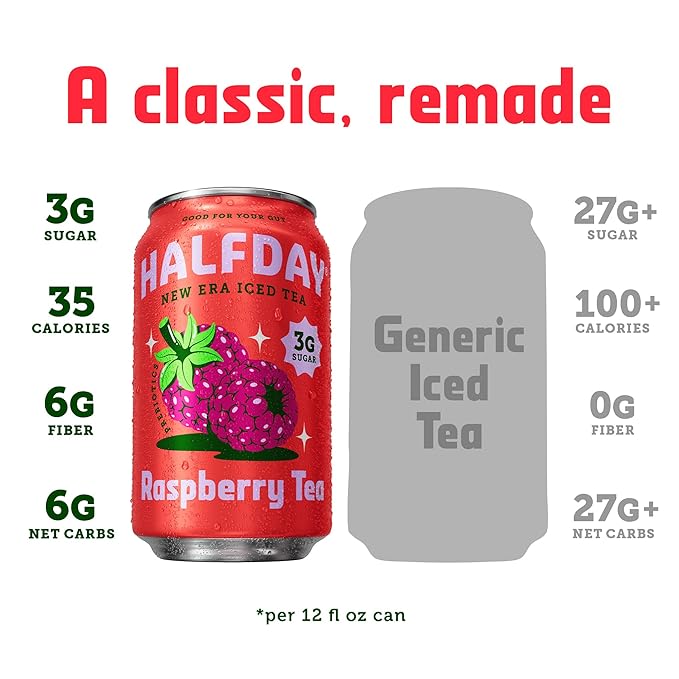 HALFDAY Prebiotic Raspberry Iced Tea Cans, Supports Digestive & Gut Health, 6g Plant Fiber &