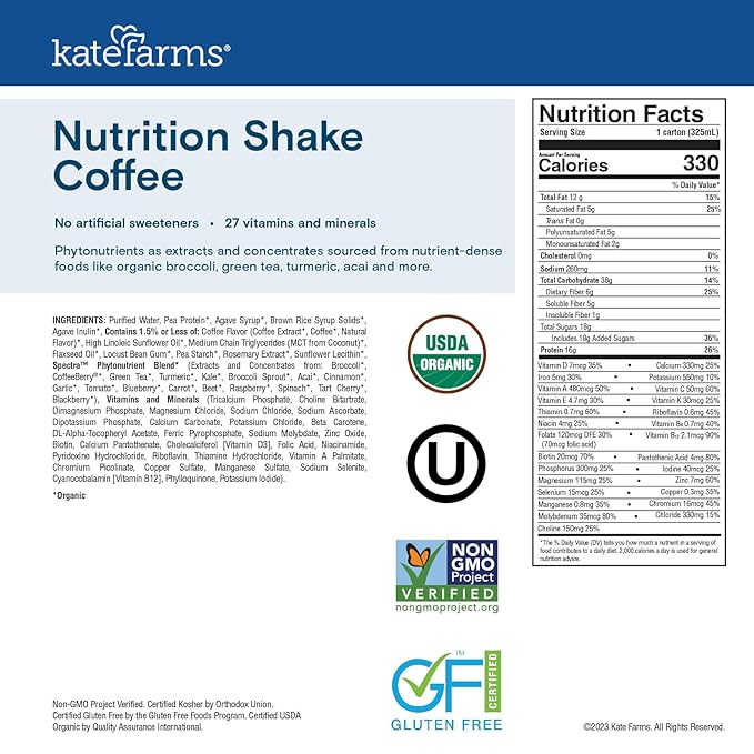 KATE FARMS Organic Nutrition Shake, Coffee, 16g protein, 27 Vitamins and Minerals, Protein Meal