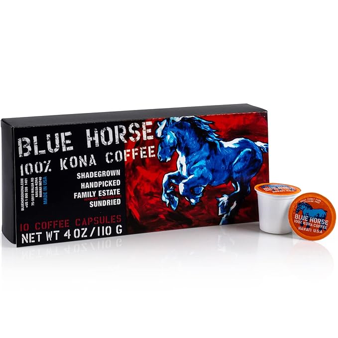 Blue Horse 100% Kona Coffee Pods, Medium Roast, 10ct Single Serve, Compatible with K Cups 2.0, Farm