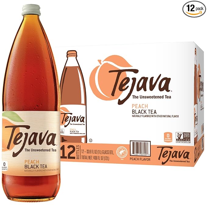 Tejava Original Unsweetened Peach Iced Tea, 12 Pack, 1 Liter Glass Bottles, Non-GMO, Kosher, No