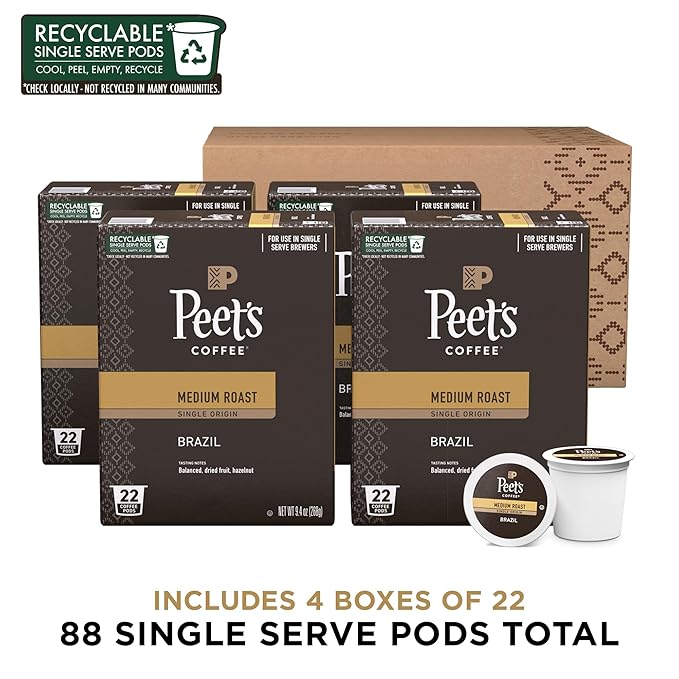 Peet's Coffee, Medium Roast Single Serve Coffee Pods - Single Origin Brazil 88 Count (4 Boxes of 22