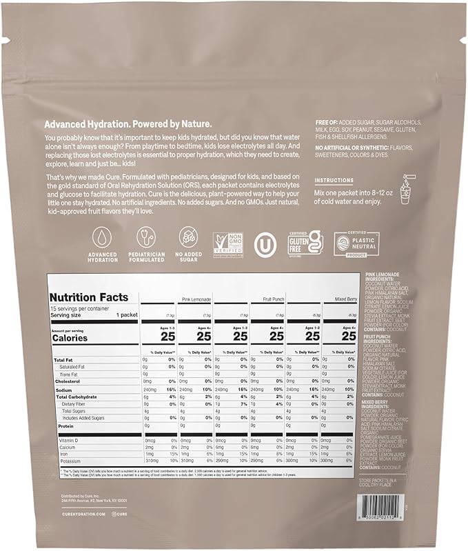 Cure Hydration - Kids Electrolyte Drink Mix | Plant-Based Pediatrician Formulated Rehydration | No