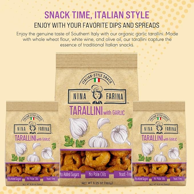 NINA FARINA Tarallini Garlic -Fresh Baked Italian Crackers Free from Added Sugars, Palm Oils and