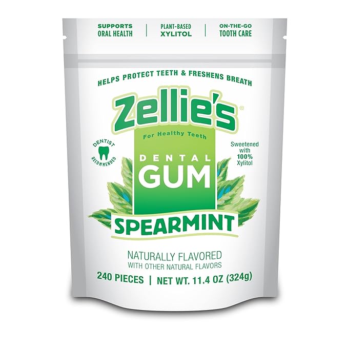 Zellie's | 100% Xylitol Spearmint Chewing Gum | No Aspartame, Gluten Free, Vegan & Kosher (240