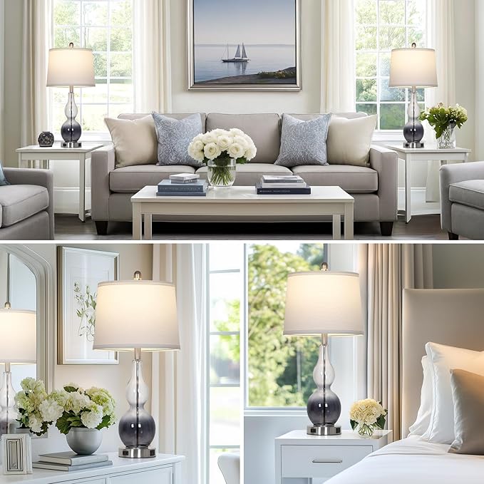 27.5" Gradual Gray Clear Glass Table Lamp Set of 2,3-Way Dimmable Touch Control Bedside Lamps with