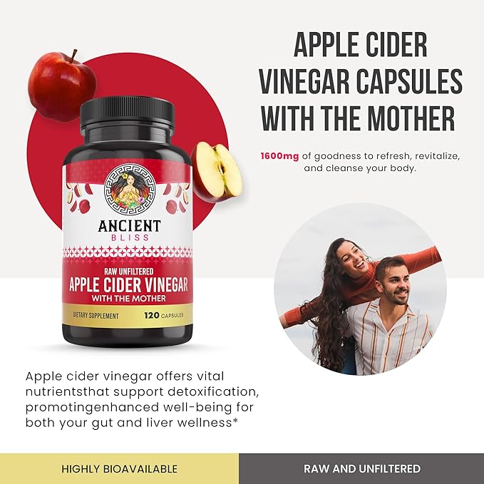 Ancient Bliss Apple Cider Vinegar Organic Capsules with The Mother, Helps Improve Digestion