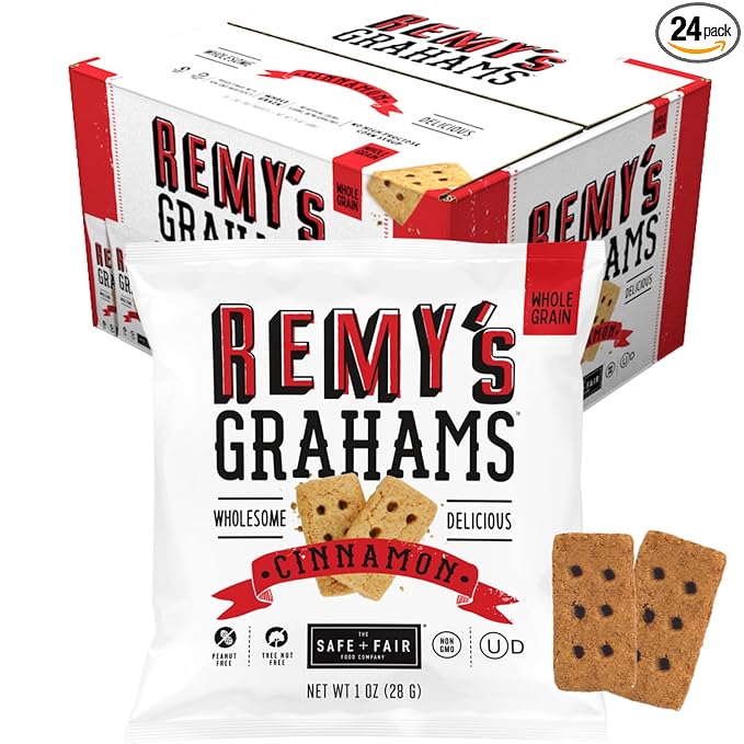 Safe + Fair Remy's Cinnamon Grahams 24ct - Wholesome Healthy Snacks - Bite-Sized Whole Grain Treats