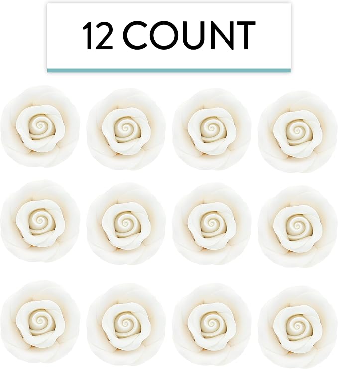 Global Sugar Art Premium Edible Roses, White, Unwired, Medium 1.5 inches, 12 Count by Chef Alan