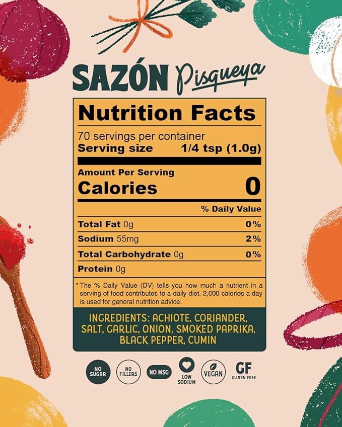 Pisqueya Sazón Seasoning, Made With Achiote. Adds Instant Flavor To Any Dish. Low Sodium, No Sugar