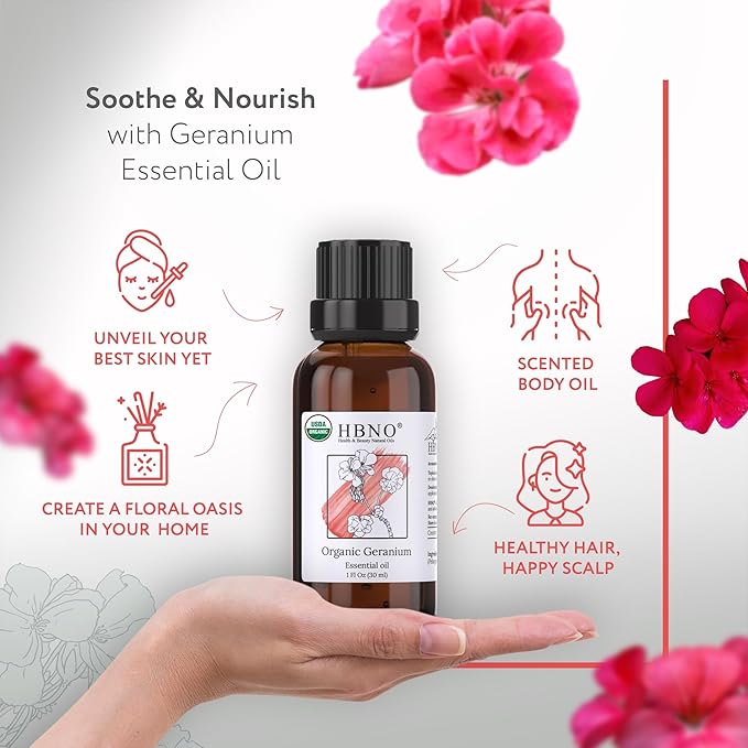 HBNO Organic Geranium Essential Oil - 1 oz (30ml) - USDA Certified Organic Geranium Essential Oil