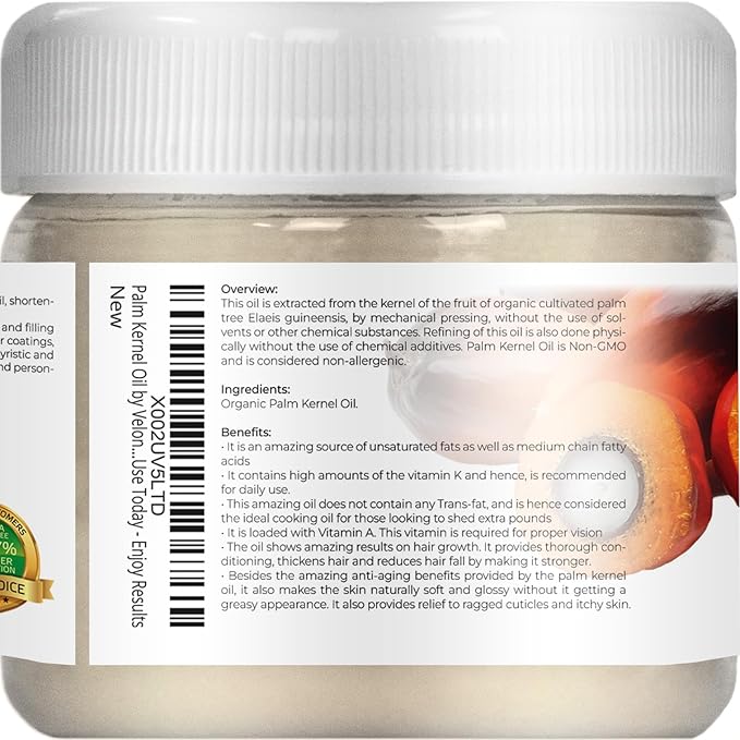 velona USDA Certified Organic Palm Kernel Oil - 2 Fl Oz | 100% Pure and Natural Carrier Oil |