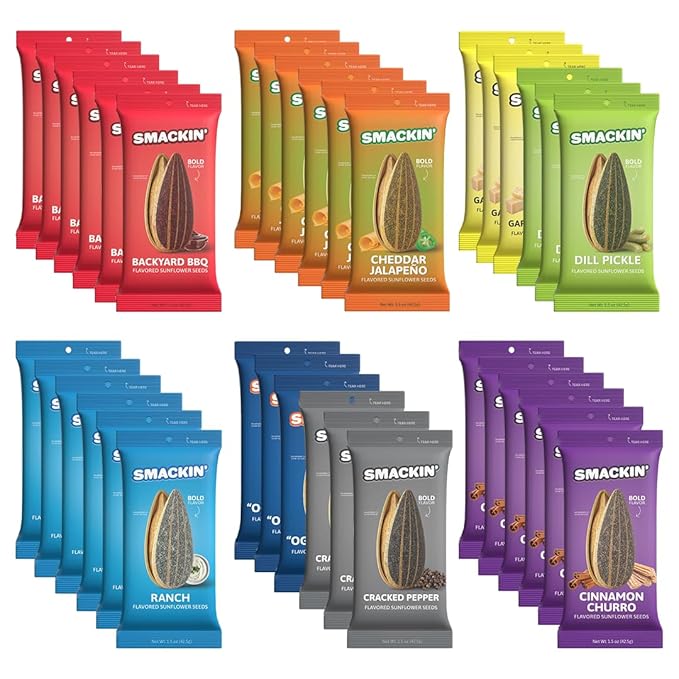 SMACKIN' Sunflower Seeds, Roasted Jumbo Small-Batch, American Made - 8 Flavor Variety. 1.5oz bags