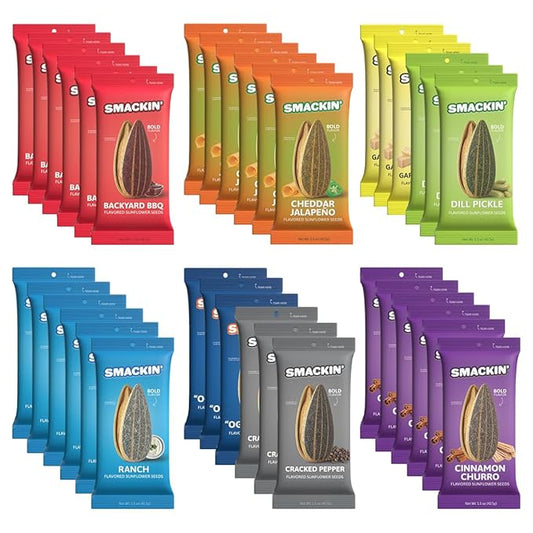SMACKIN' Sunflower Seeds, Roasted Jumbo Small-Batch, American Made - 8 Flavor Variety. 1.5oz bags