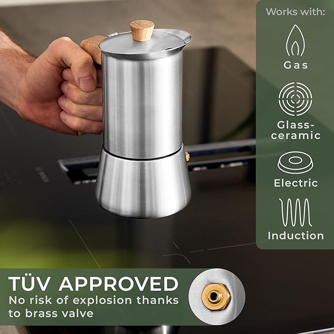 WALDWERK Stainless Steel Moka Pot (10oz) - Toxic Free Moka Pot with Oak Wood Handle - Stovetop