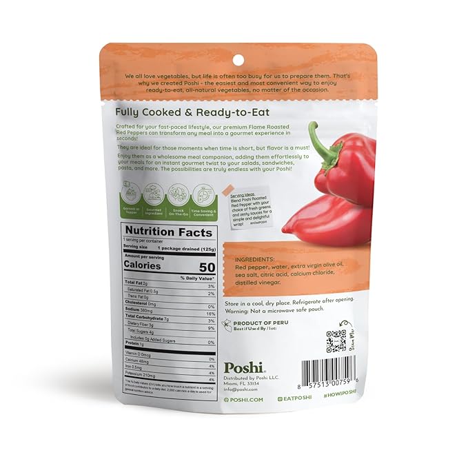 POSHI Flame Roasted Red Peppers in Extra Virgin Olive Oil Natural, Keto, Vegan, Non GMO, Low Carb +