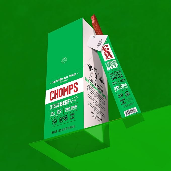 Chomps Grass-Fed and Finished Jalape챰o Beef Jerky Snack Sticks 24-Pack - Keto, Paleo, Whole30, 10g