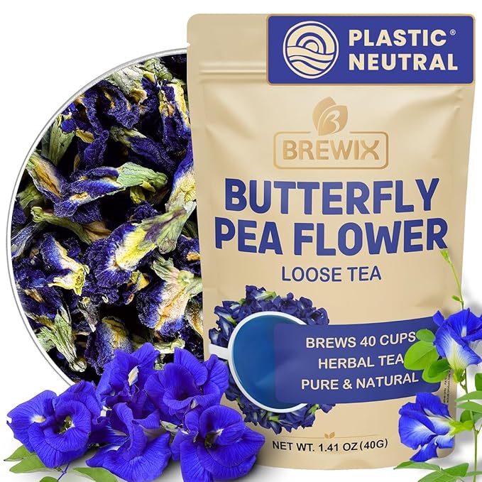 BREWIX, Butterfly Pea Flower Herbal Tea Loose Leaf (40+ Cups,1.41oz/40g) | Caffeine Free | Premium