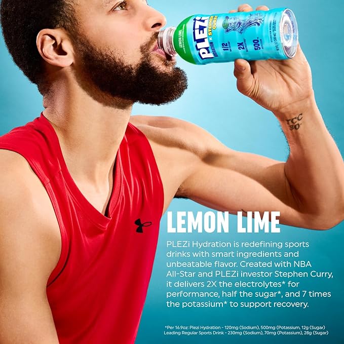 PLEZi Lemon Lime Hydration Drink x Stephen Curry - Sports Drinks with 2X Electrolytes - 500mg