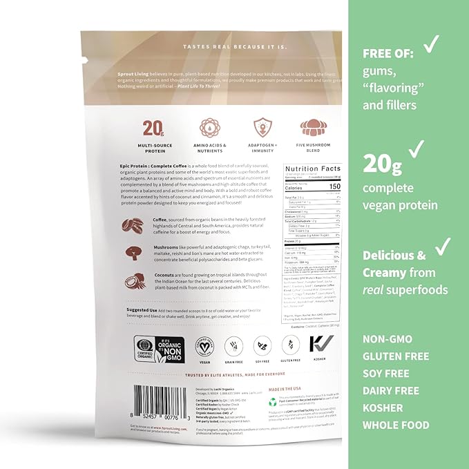Sprout Living, Epic Protein, Plant Based Protein & Superfoods Powder, Complete Coffee | 20 Grams