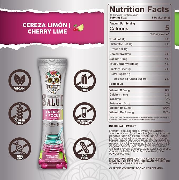Salud 2-in-1 Energy Drink Powder + Focus, Cherry Lime, Organic Caffeine, B6 + B12, Theanine, Clean