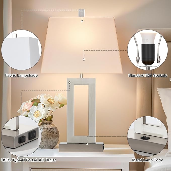 Table Lamp Set of 2 with USB C+A Ports & AC Outlet, Bedside Lamps, Modern Bedroom Lamps, Silver Lamps for Night Stands Bedroom Living Room,Nightstand Lamp