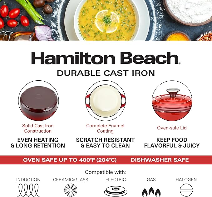 Hamilton Beach 3-Quart Enameled Cast Iron Dutch Oven with Lid | Heavy-Duty Pot for Braising