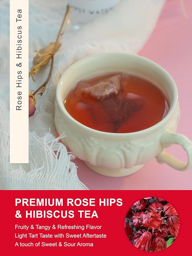 TeeLux Rosehip & Hibiscus Tea Bags, 2.5g/bag, Slight Tart Taste & Fruity Flavor, Caffeine Free, 60