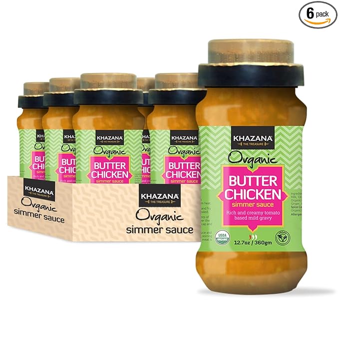 Khazana ORGANIC Butter Chicken Simmer Sauce - 6 x 12.7oz Jars | Non-GMO, Vegan, Gluten-Free, Kosher