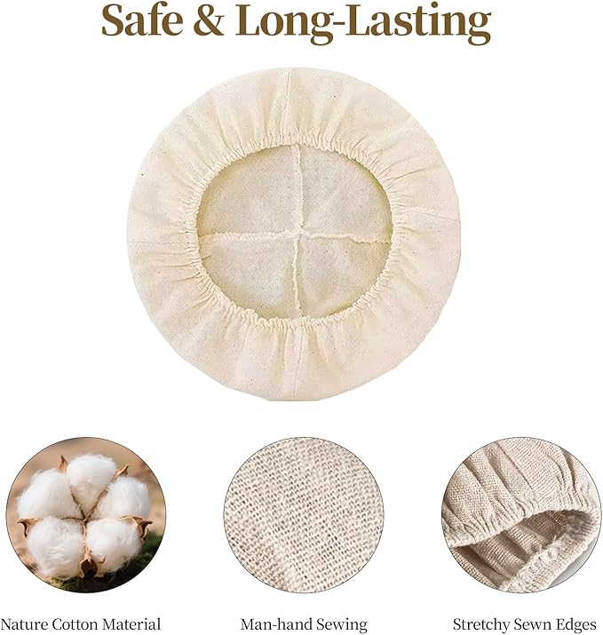 Natural Cotton Bread Proofing Basket Liner, 10 Inch Round, 6 Pack, Banneton Dough Bowl Cover for
