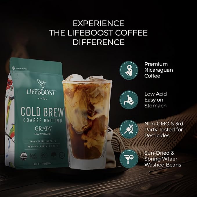 Lifeboost Low Acid Cold Brew Coffee – Organic Coarse Ground Medium Roast for Cold Brew – Single