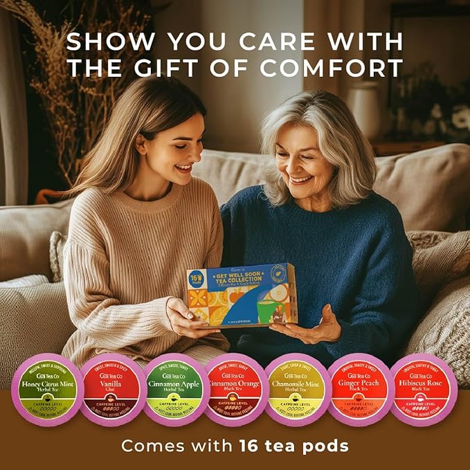Gya Tea Co Get Well Soon Collection Tea Gift Set (16 ct) - 7 Flavors Assorted Tea Pod Variety Pack