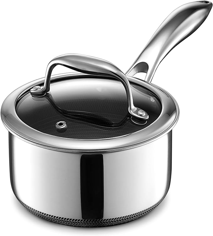 HexClad Hybrid Nonstick 1-Quart Saucepan with Tempered Glass Lid, Stay-Cool Handle