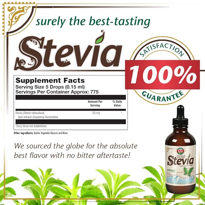 KAL Sure Stevia Extract Zero Calorie Sweetener, Low Carb, Plant Based Liquid Stevia Drops, Great