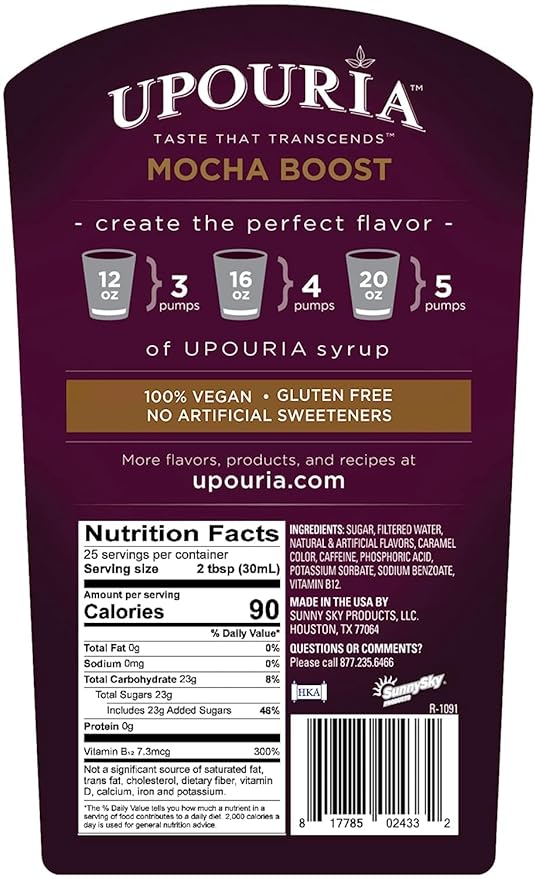 Upouria Mocha Boost Coffee Syrup Flavoring, 100% Vegan, Gluten-Free, Kosher, 750 mL Bottle (Pack of