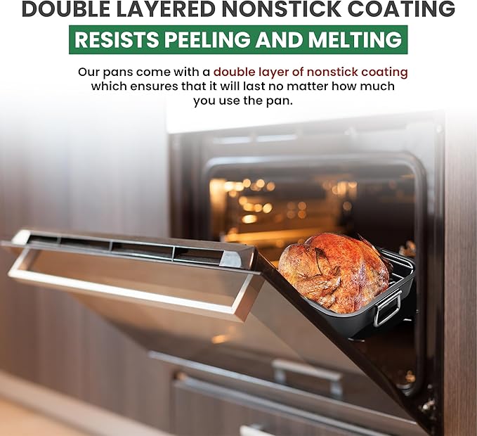 Roasting Pan With Rack 11" x 15" - Non Stick Large Roaster Pan and V-rack with foldable handles
