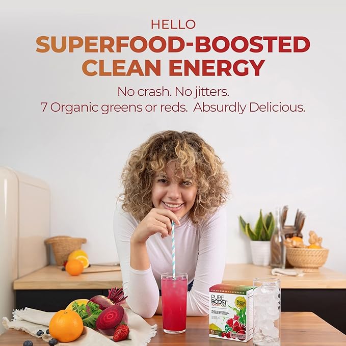 Pureboost Superfoods Clean Energy Booster, Energy Drink Mix Powder with 7 Organic Green Superfoods;