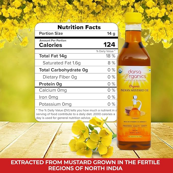 Darsa Organics Cold-Pressed Mustard Oil 33.8 oz (1000ml) ??USDA Organic, Unrefined & Chemical-Free