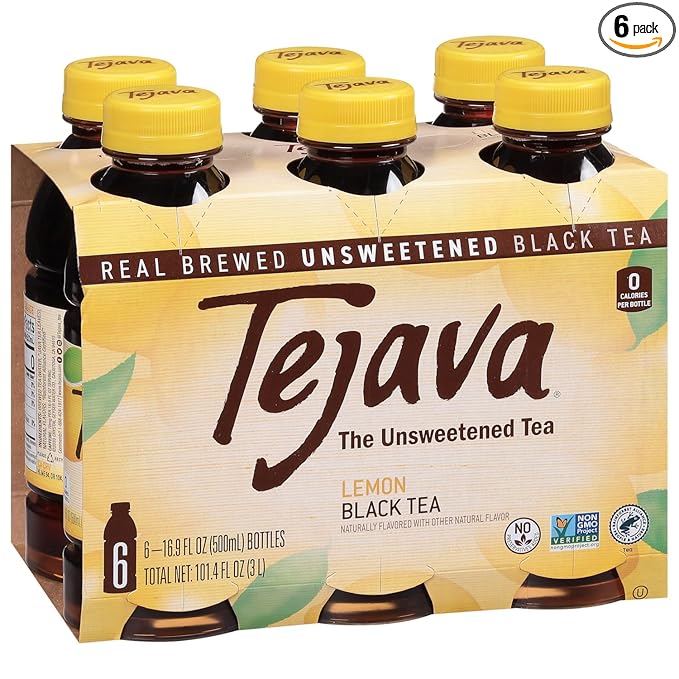 Tejava Lemon Black Iced Tea, 6 Pack, 16.9oz PET Bottles, Unsweetened, Non-GMO, Kosher, No Sugar or
