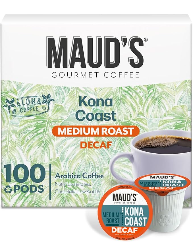 Maud's Decaf Kona Coffee Pods,100 ct, Decaffeinated Medium Roast Coffee in Recyclable Single Serve